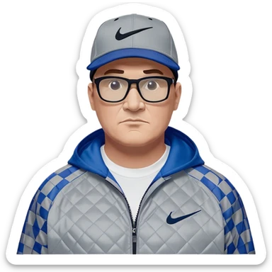 50-year-old heavyset man with very wide face and prominent square jawline wearing a black Nike baseball cap with visible Nike swoosh logo. Large dark square glasses. Serious-relaxed expression. Light gray jacket that fits his larger frame, white shirt with blue checkered pattern. sticker