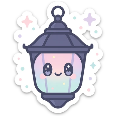 kawaii style magical gothic lantern, cute face, black and purple glass, glowing with pastel light, surrounded by magical sparkles, sweet and mystical sticker