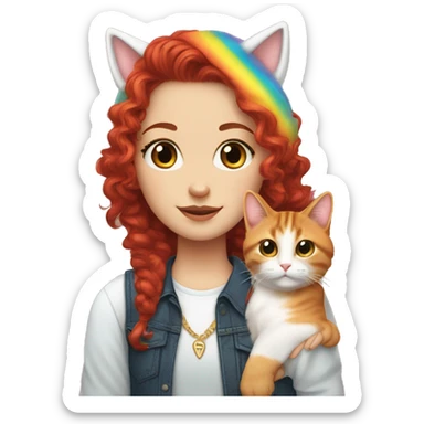 a white girl with long red curly hair in a pony tail with rainbow shirt does peace sign wearing cat ears one black other white sticker