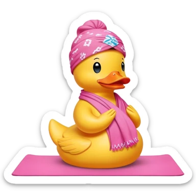 side view of yellow rubber duck with a pink bandana doing yoga while praying sticker