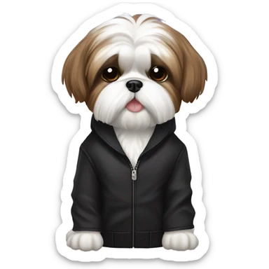The Shih Tzu dog is white and brown in a black jacket sticker