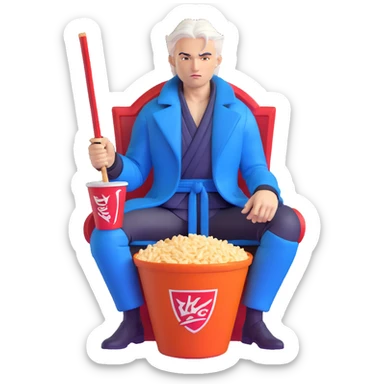 Vergil from Devil May Cry sitting in a KFC bucket, blue coat, white hair, katana sticker