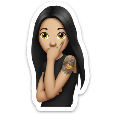 A white girl with dark long hair covers her mouth with her hand on her tattooed arm  sticker