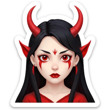 Head only: demon girl, 100% red skin, long black hair, small horns, sharp cheekbones, serious eyes, full lips, pointed ear; centered, no body, no text. sticker
