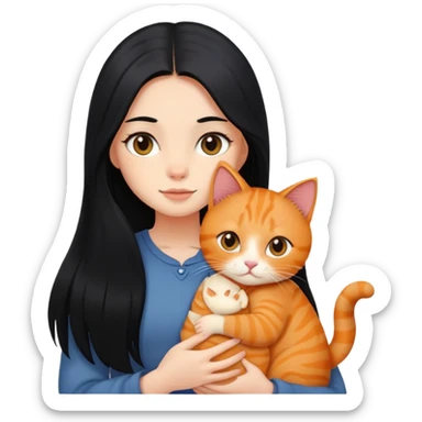 girl with long black hair holding a ginger cat sticker