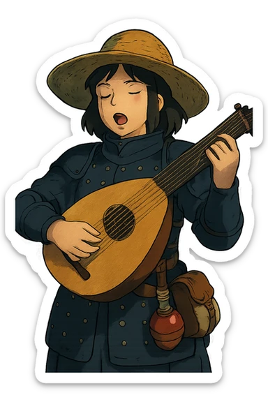 A female bard wearing brigandine armor with a sturdy straw hat, playing a fat medieval lute and singing, night time shadows, tool belt with red potion and bandages, portrait  sticker