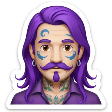  long purple haired man, mustached and face tattoes, handsome sticker