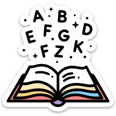Literacy app icon with open book and alphabet letters floating above it sticker