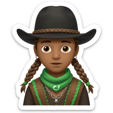 Black boy with 3 braids on each side of face wearing a black cowboy hat with green bandana around his neck sticker