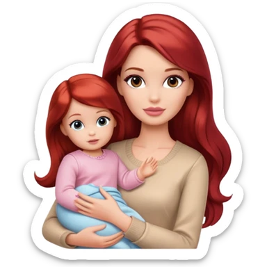 A barbie girl with makeup with dark brown hair long with a baby, a daughter, a girl with red hair, holding her hand in beige clothes sticker