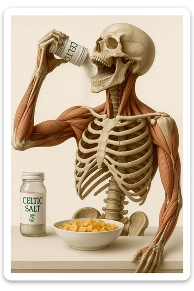 Create a vertical hyperrealistic 4K medical illustration in the style of the reference image. Depict an ultra-detailed human body with a jar labeled 'CELTIC SALT', throwing salt into his mouth at breakfast. The background should be neutral and clear, with vertical format. Maintain the ultra-detailed medical illustration style as in the reference. sticker
