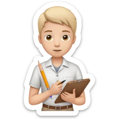 intern or volunteer holding a clipboard and pencil, ready to take notes or assist. The character wears a simple shirt and has an eager posture sticker