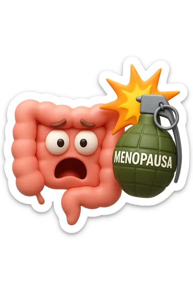 EMOJI STILE IPHONE 3D DI INTESTINO 3D CON ESPRESSIONE SPAVENTATA IN VOLTO MENTRE ACCANTO A LUI SCOPPIA UNA GRANATA 3D CON LA SCRITTA "MENOPAUSA" SOPRA, FAGLI ANCHE LA PARTE BIANCA DEGLI OCCHI, NON SOLO LA PUPILLA sticker