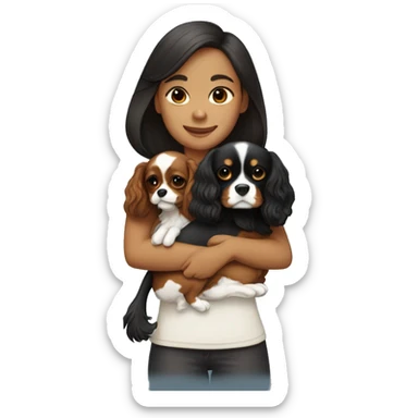 asian girl hugging black and brown cavalier king charles spaniel sticker