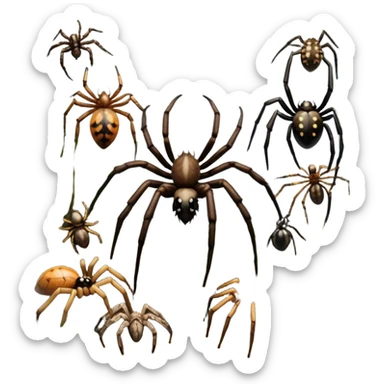 Collage of various spiders, including tarantulas and other exotic species, inside a  terrarium with webs and natural décor. Close-up shots of their intricate legs, eyes, and fuzzy bodies. Soft lighting, transparent background. sticker