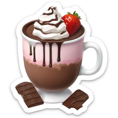 hot chocolate with mug and whip cream and chocolate drizzle and pale pink strawberry sticker