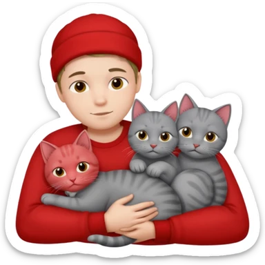 Make 20 gray cats cudling a kid that’s a boy wearing all red  sticker
