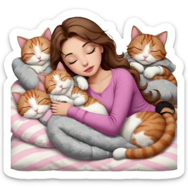 girl with long wavy brown hair, brown eyes, long lashes makeup, sexy pink lips, light to medium complexion,  sleeping on a cozy pillow, with 6 cats: 1 brown and white tabby cat, 1 ginger and white, 2 grey and white, 1 grey has white mittens and small white patch on its chest and 1 calico, sleeping sticker