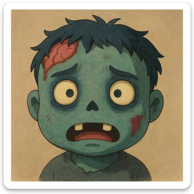 zombie face emoji, ghibli style, soft shading, cute and slightly creepy sticker