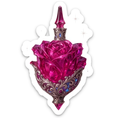luxurious crystal elixir bottle in rose flower shape, deep pink color, ornate silver and iridescent details, maximum magical glowing and sparkling effects, very small neck, seamless bottom, bottle clearly floating in air, no base or shadow, modern, collection style sticker
