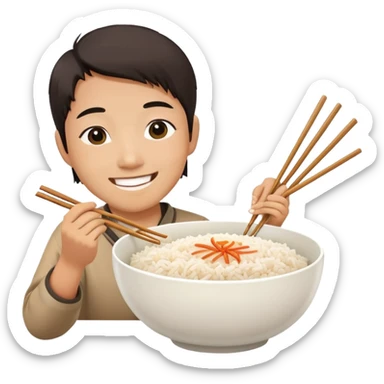 Asian person eating a bowl of rice smiling sticker