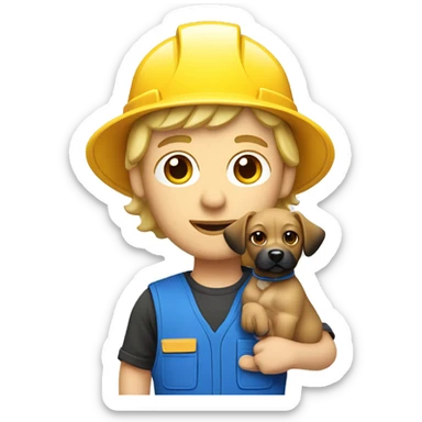 Blonde male Construction worker wearing a hat and blue work wear with small black curly dog on his arm sticker