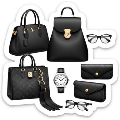 bags and watches, and glasses, all black and white put together like a bundle with no face, all luxury items like lv sticker