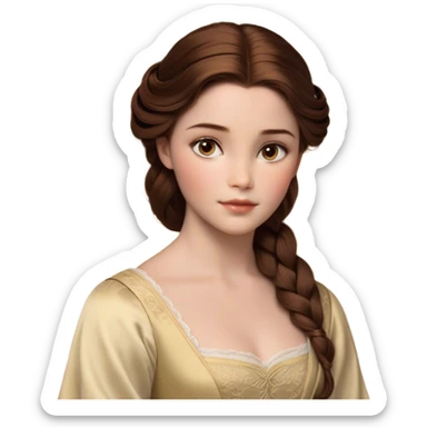 Cinematic Realistic Belle Portrait, depicted with lifelike skin texture, soft natural lighting, and intricately detailed brown hair styled elegantly. Her deep, expressive eyes exude warmth and intelligence, complemented by a serene and graceful expression. She is dressed in her classic attire, with rich fabric textures and delicate folds that catch the light beautifully. The portrait features a soft, enchanting glow with a natural, radiant finish, capturing the essence of timeless beauty in a realistic and painterly style, evoking a sense of depth and authenticity. sticker