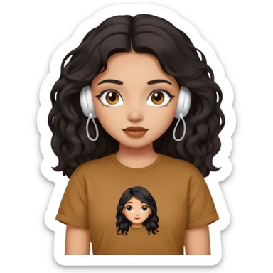 a pretty FAIR indian bratz girl with wavy long black hair, wearing an oversized brown tshirt,wearing airpods, eyeliner on sticker