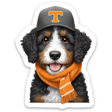 Bernedoodle with University of tennessee hat and scarf sticker