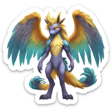 Anthro Sona Cool Edgy Cute Legendary Colorful Shy Winged Shiny Fakemon-Fantasy-Creature With Long Hair-Mane Full Body Detailed High Quality sticker