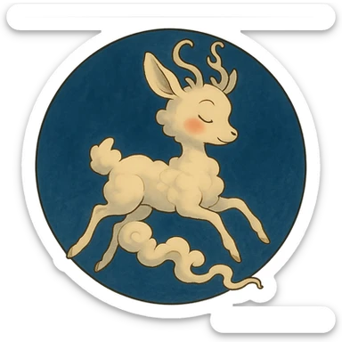 Create a Ghibli-style vanilla cloud doe with rosy cheeks, floating with witch-like grace, placed inside a circular badge for social media brand identity. Keep the background transparent outside the badge. sticker