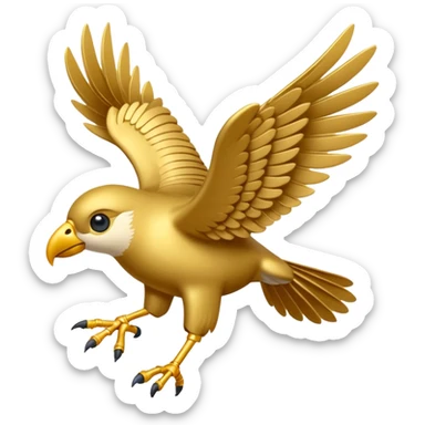 Un petit oiseau mécanique doré avec des ailes délicates et des rouages visibles. Il porte des parchemins enroulés attachés à ses pattes fines, survolant une ville en contrebas. sticker