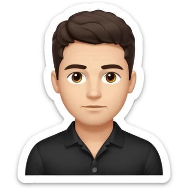 He’s a man with light to medium skin, a defined oval face, full brows, deep-set eyes, and wavy short dark brown tall hair styled with height, sides are trimmed. muscular. expression calm and focused relaxed black black button shirt open collar. polished, articulate, and coach vibe. tall hair tall  sticker