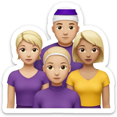 5 person team; 2 men and 3 women.  All dressed in yellow or purple.  1 caucasian woman with blonde mid length hair. 1 caucasian woman with blonde short length hair. 1 caucasian woman has ash blonde hair tied up. 1 man is African-american and bald, 1 man is caucasian and very little hair left.  
 sticker