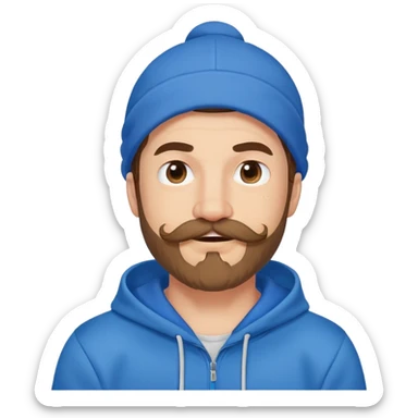 Mr. Beast wearing a blue hoodie, mustache and beard, winking playfully sticker