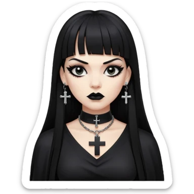 vampira parda com cabelo preto longo e liso e franja, olhos pretos, brincos em formato de cruz, choker em formato de cruz, roupa preta com decote nos seios, batom preto e séria sticker
