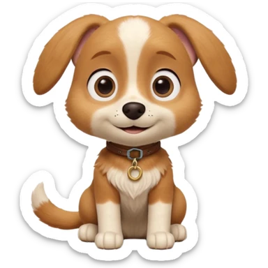 Boots the dog from Puss in Boots, Pixar / DreamWorks-style 3D render; cute, small dog with big round expressive eyes, floppy ears, and a sweet innocent smile; soft light-brown and cream fur with gentle texture; playful, loyal personality; polished animated-film quality;  sticker
