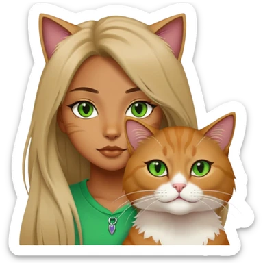 a cool girl and a long hair jinjila cat, cat’s eyes are green sticker
