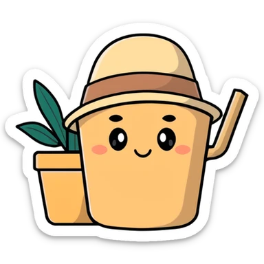 beige aesthetic coffee cup, journal, plant pot, and straw hat sticker