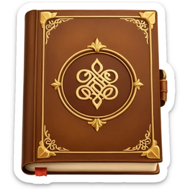 "An open antique leather-bound book with golden edges and calligraphy, detailed embossing, Victorian style, warm brown and gold palette." sticker