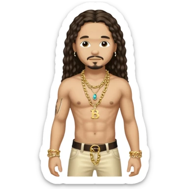 Bizzy Bone with long dark brown hair, light tan skin, shirtless with necklace, metallic cream pants sticker