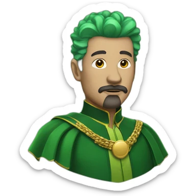 man with green hair green suit and large green top with gold strip hat goatee green cape sticker