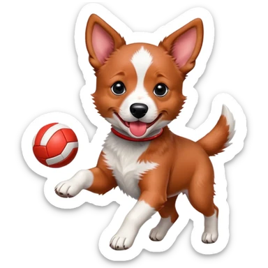 Playful red heeler puppy with tongue out, running with a ball sticker