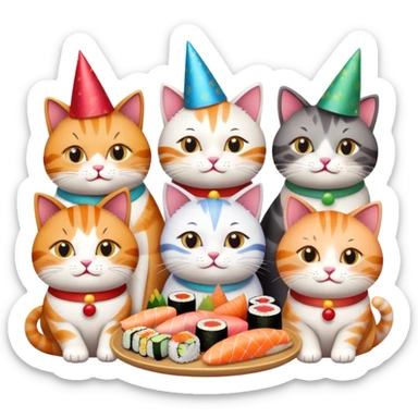 nine cats eating sushi at a birthday party sticker