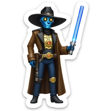 mean bounty hunter tarnished undercover tough well-equipped Jedi  life-sized darkblue-pearl C3po leather vest clothing pants and vest old west duster coat holding light saber sheriff holstered gun hat sticker