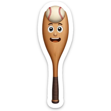 Brown wooden baseball bat character with a tiny surprised face sticker