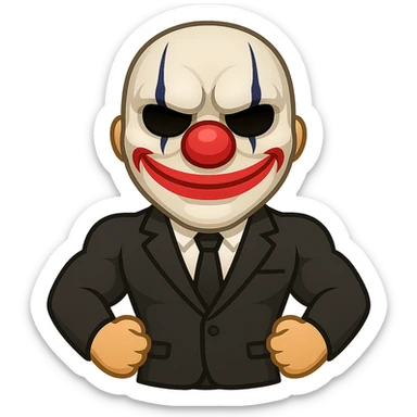 Create an emoji style character of Chains from Payday: The Heist. Match the mask and suit from the reference image, showing a confident stance and muscular build. The style should resemble emoji aesthetics. sticker