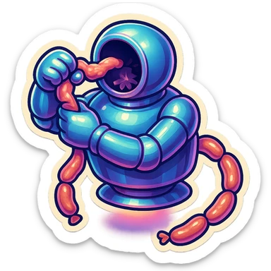 hovering robot. stuffs material into large hole on its top with 2 arms. no head. hole is where a head would be. spinning gears and blades in hole grind material. sausage links come our of hole on backside.  3/4 view. between realism and cartoon. well lit. no dramatic lighting. metallic shiny robot. works diligently. dark humor sticker