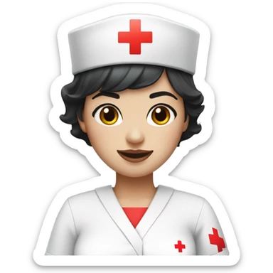 pixie cut black straight hair female nurse with red cross sign hat wearing dress
pale skin color sticker